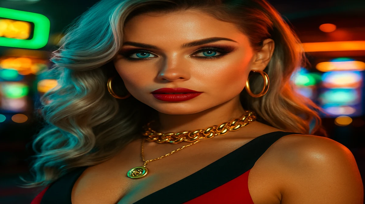 একজন গ্ল্যামারময় নারী, জটিল মেকআপ ও গহনা পরে joya9-র উজ্জ্বল গেমিং প্ল্যাটফর্মে মনোমোহন হাসি ছড়াচ্ছেন; পটভূমিতে আরকেড গেমের রঙিন আলোগুলো অস্পষ্টভাবে ভাসছে।