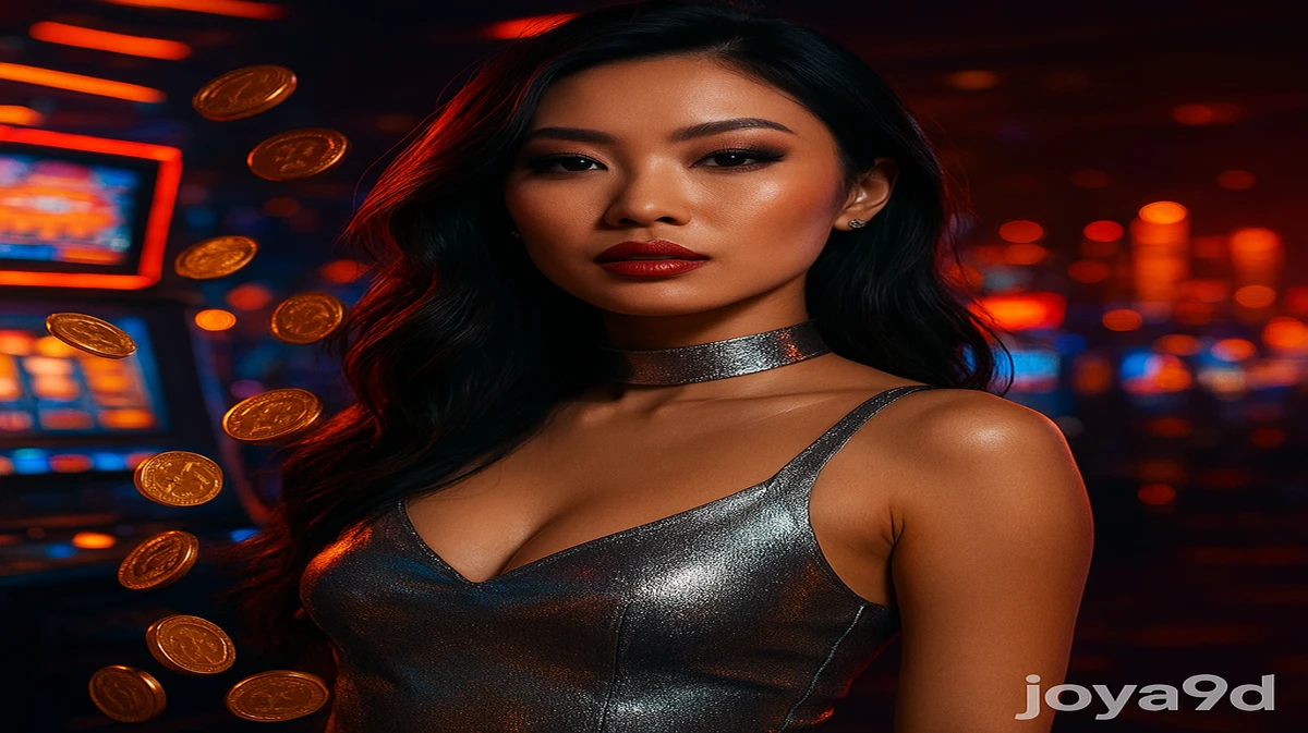 দীর্ঘ কালো চুলের এক সুন্দরী নারী joya9 এর ক্লাসিক গেমিং প্ল্যাটফর্মে দাঁড়িয়ে, তার চারপাশে জ্বলন্ত আর্কেড গেম এবং ভাসমান সোনার কয়েনগুলো ঘিরে আছে।