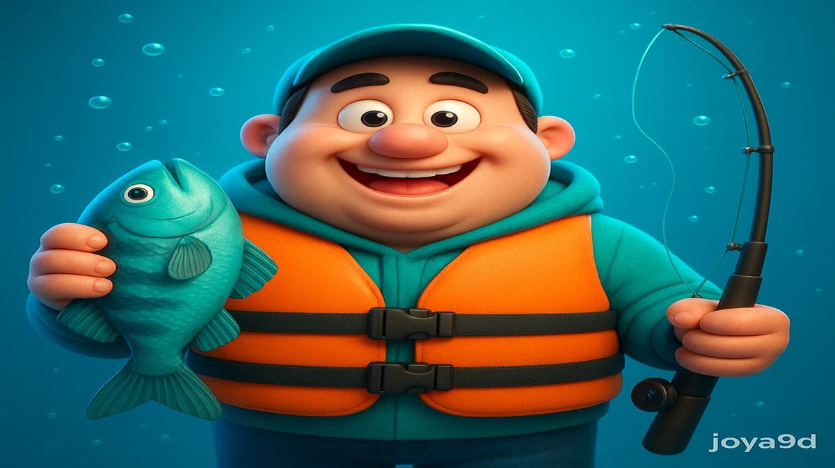 joya9 প্ল্যাটফর্মে উপলব্ধ Big Bass থিম-ভিত্তিক গেমটির কার্টুন-চরিত্রটি পানির নীচে একটি মাছ ও একটি জাল গর্বভরে ধরে আছে।