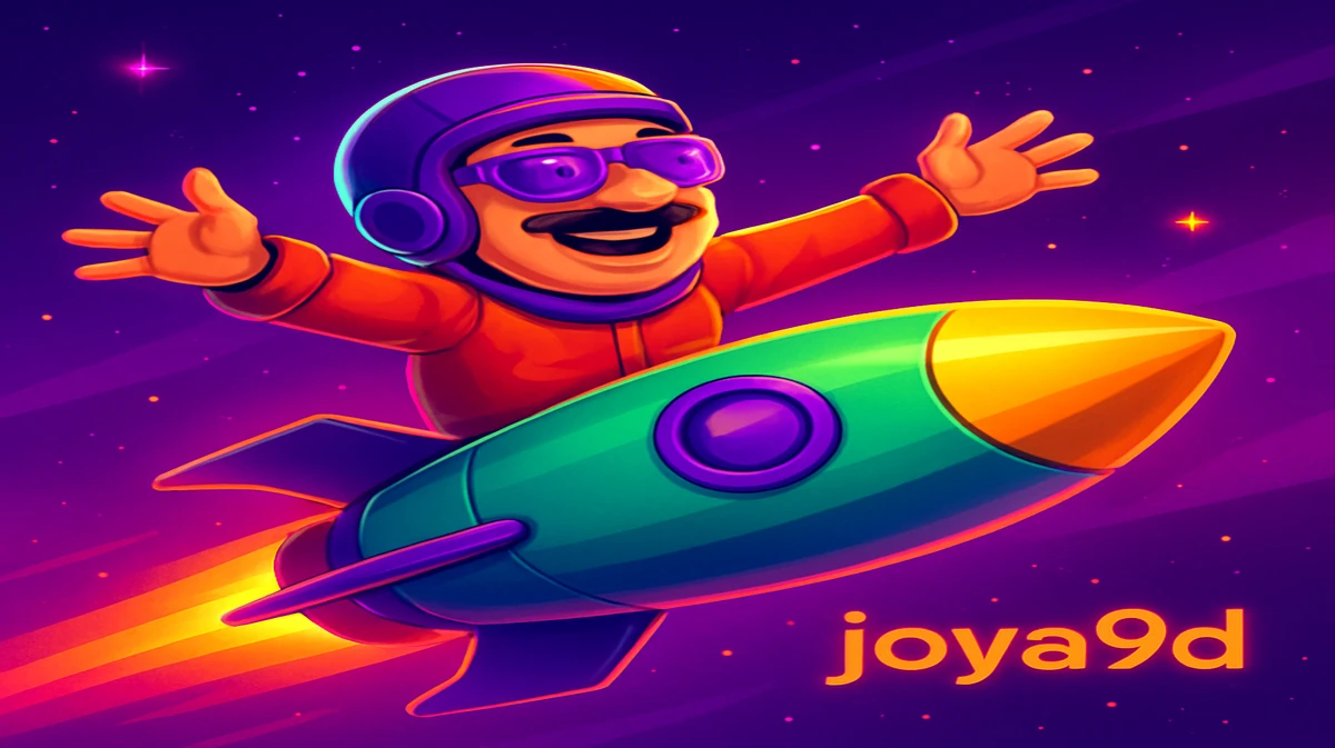 joya9 প্ল্যাটফর্মে প্রচারিত JetX গেমটির জন্য একটি দাড়ি-সানগ্লাসধারী স্টাইলাইজড চরিত্র একটি রকেট ধরে নক্ষত্র-গ্যালাক্সির মধ্য দিয়ে ভ্রমণ করছে।