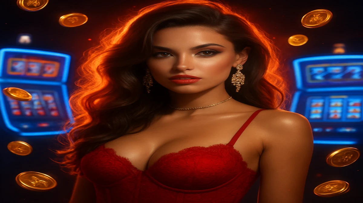 ঢেউখেলানো চুল ও জ্বলজ্বলে কানের দুলসহ এক অপূর্ব নারী joya9 গেমিং প্ল্যাটফর্মের উজ্জ্বল আলোয় ভরা ফ্লোরের মাঝে দাঁড়িয়ে, চারপাশে আর্কেড গেমগুলো ছড়িয়ে রয়েছে।
