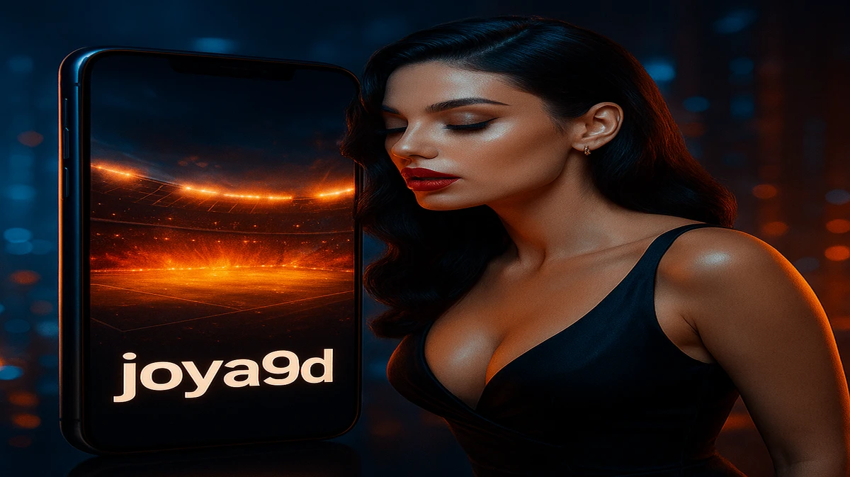 লাল লিপস্টিক দেওয়া এক সুন্দরী নারী joya9 মোবাইল গেম ইন্টারফেসটি ধারণ করা স্মার্টফোনটি ধরেছেন; তা একটি ভিড়ভরপুর স্পোর্টস স্টেডিয়ামে, মাঠটি আগুন-আলোর মতো উষ্ণ দীপ্তিতে জ্বলছে।