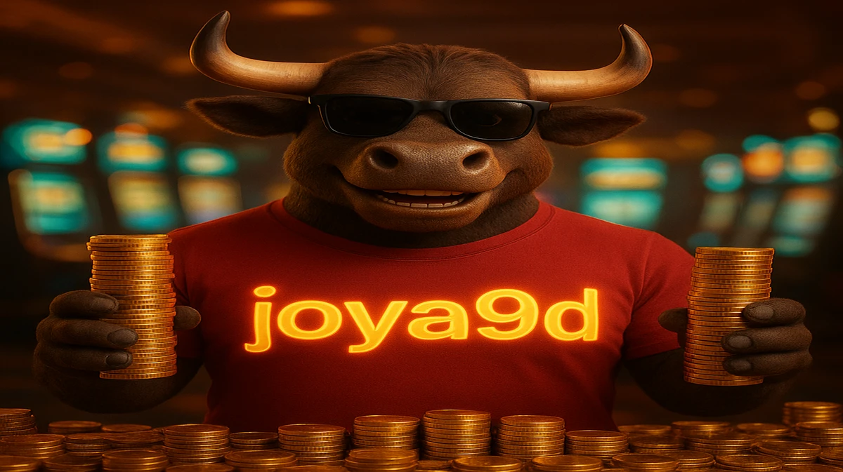 joya9-এ Fortune Ox-র শক্তিশালী মুখপাত্র, সানগ্লাস পরা এক কুল ষাঁড়, উজ্জ্বল গেমিং প্ল্যাটফর্মের পরিবেশে সোনার মুদ্রার স্তূপ ধরে দাঁড়িয়ে আছেন।