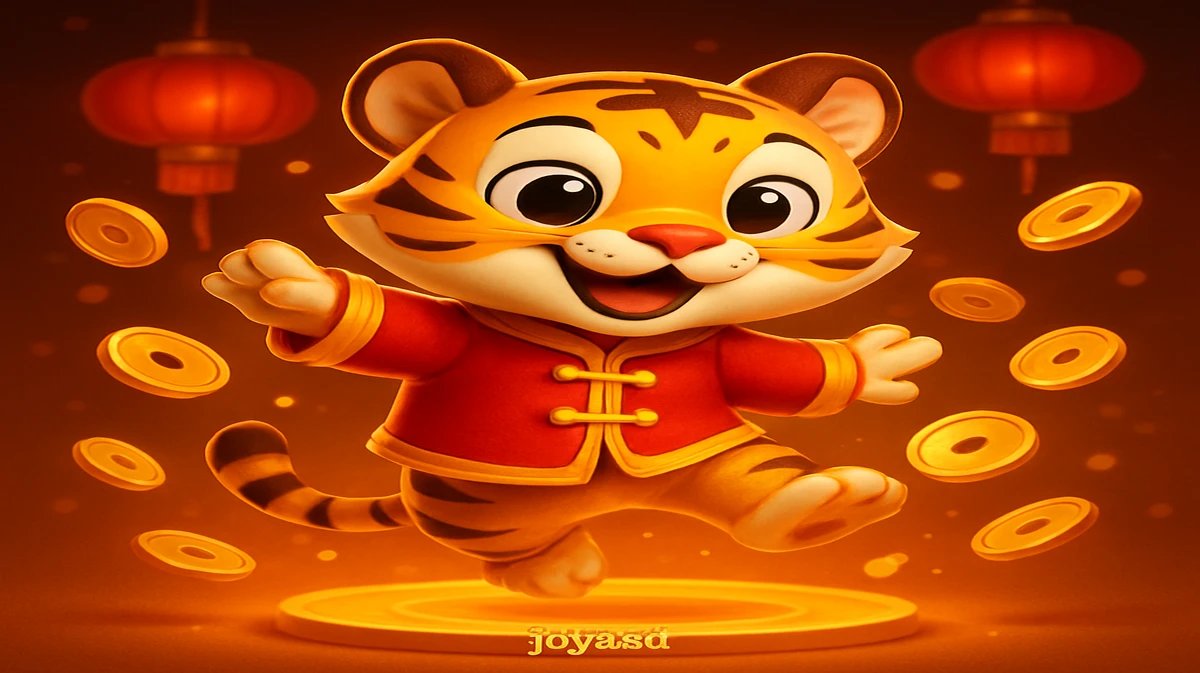 joya9-এ Fortune Tiger-র আদরের কার্টুন মূর্তিটি মার্শাল-আর্ট-স্টাইলের একটি পোজে দাঁড়িয়ে, চারদিকে সোনার কয়েনের বর্ষণ ও ভাগ্যবান লাল লণ্ঠনের আলো ছড়িয়ে পড়ছে।